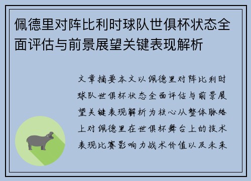 佩德里对阵比利时球队世俱杯状态全面评估与前景展望关键表现解析