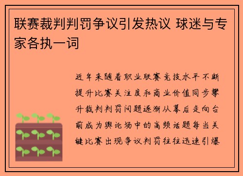 联赛裁判判罚争议引发热议 球迷与专家各执一词